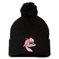 Axolotl Fish Playing Video Game White-Axolotl Lizard Gamers Pom Pom 12in Knit Beanie