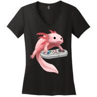 Axolotl Fish Playing Video Game White-Axolotl Lizard Gamers Women's V-Neck T-Shirt