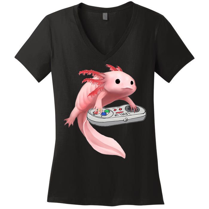 Axolotl Fish Playing Video Game White-Axolotl Lizard Gamers Women's V-Neck T-Shirt