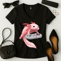 Axolotl Fish Playing Video Game White-Axolotl Lizard Gamers Women's V-Neck T-Shirt