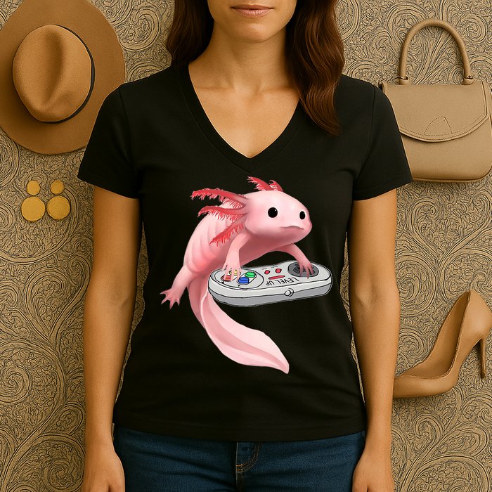 Axolotl Fish Playing Video Game White-Axolotl Lizard Gamers Women's V-Neck T-Shirt