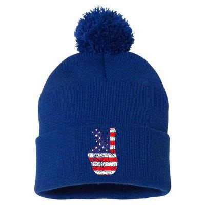 American Flag Peace Sign Hand Fourth Of July Pom Pom 12in Knit Beanie