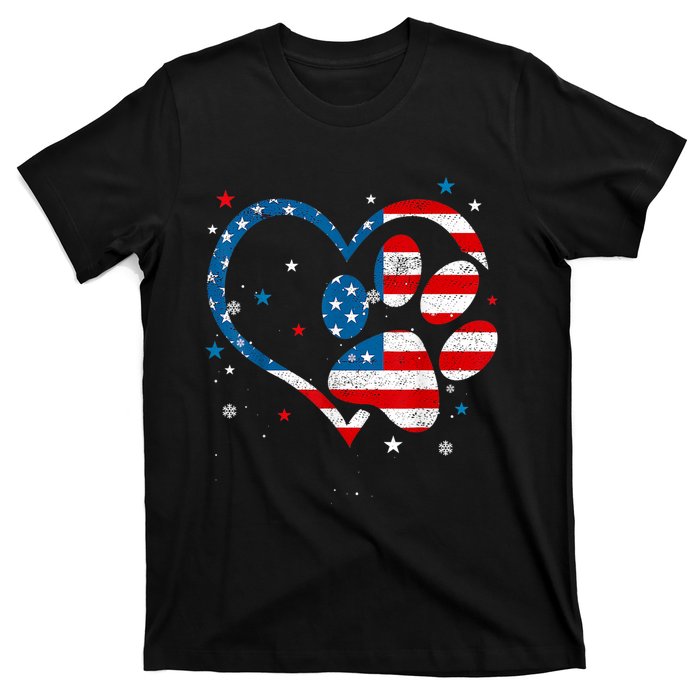 American Flag Patriotic Dog & Cat Paw Print 4th Of July T-Shirt