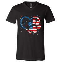 American Flag Patriotic Dog & Cat Paw Print 4th Of July V-Neck T-Shirt