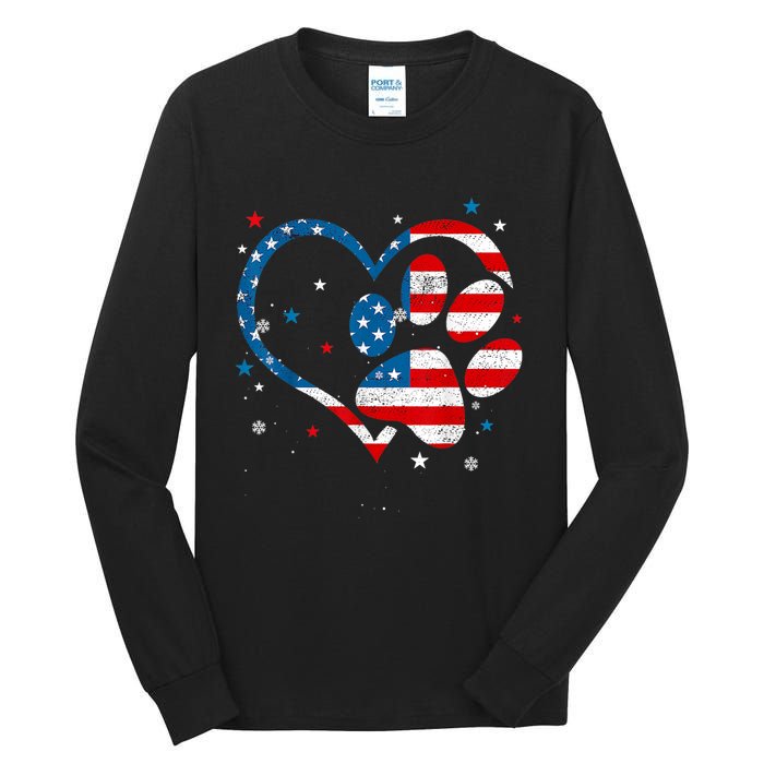 American Flag Patriotic Dog & Cat Paw Print 4th Of July Tall Long Sleeve T-Shirt