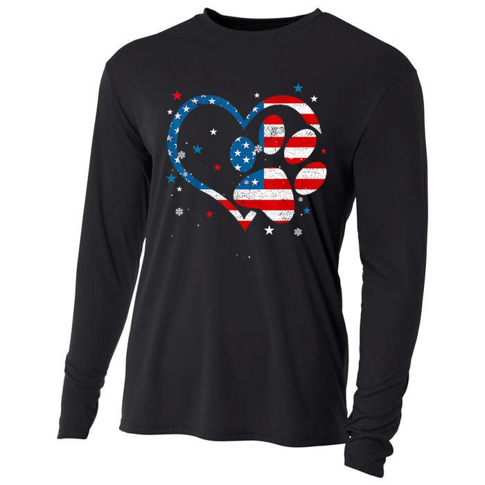 American Flag Patriotic Dog & Cat Paw Print 4th Of July Cooling Performance Long Sleeve Crew