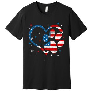 American Flag Patriotic Dog & Cat Paw Print 4th Of July Premium T-Shirt