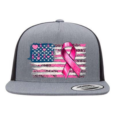 American Flag Pink Ribbon Breast Cancer Awareness Warriors Flat Bill Trucker Hat