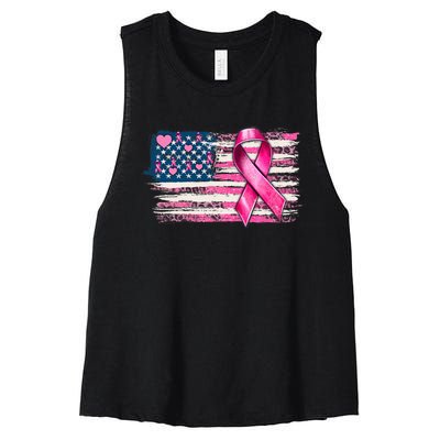 American Flag Pink Ribbon Breast Cancer Awareness Warriors Women's Racerback Cropped Tank