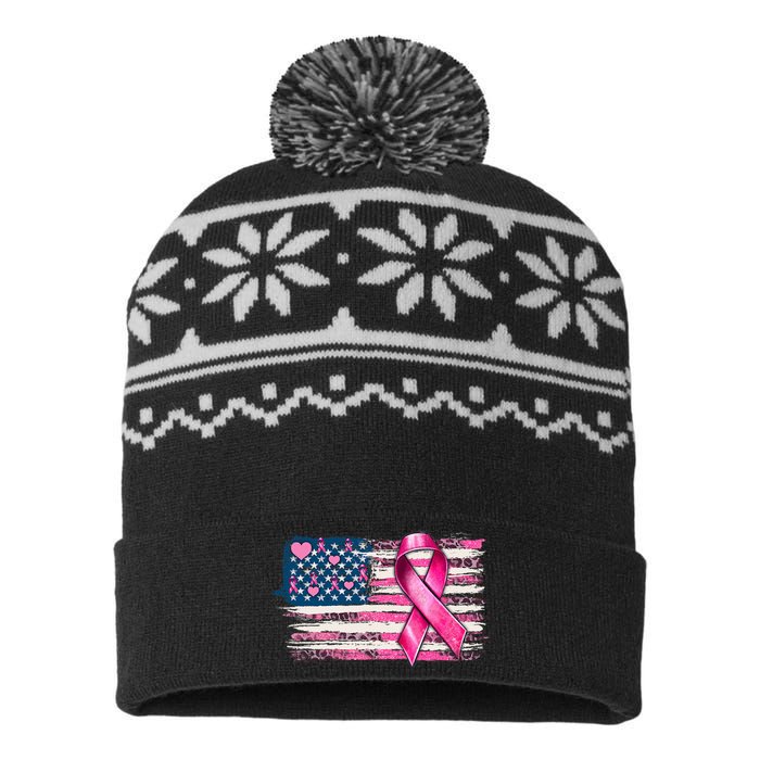 American Flag Pink Ribbon Breast Cancer Awareness Warriors USA-Made Snowflake Beanie