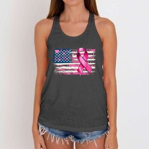 American Flag Pink Ribbon Breast Cancer Awareness Warriors Women's Knotted Racerback Tank