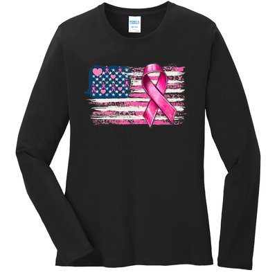 American Flag Pink Ribbon Breast Cancer Awareness Warriors Ladies Long Sleeve Shirt