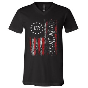 American Flag Patriotic 1776 We The People USA Print V-Neck T-Shirt