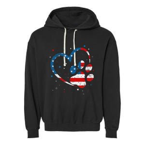 American Flag Patriotic Dog & Cat Paw Print 4th Of July Garment-Dyed Fleece Hoodie