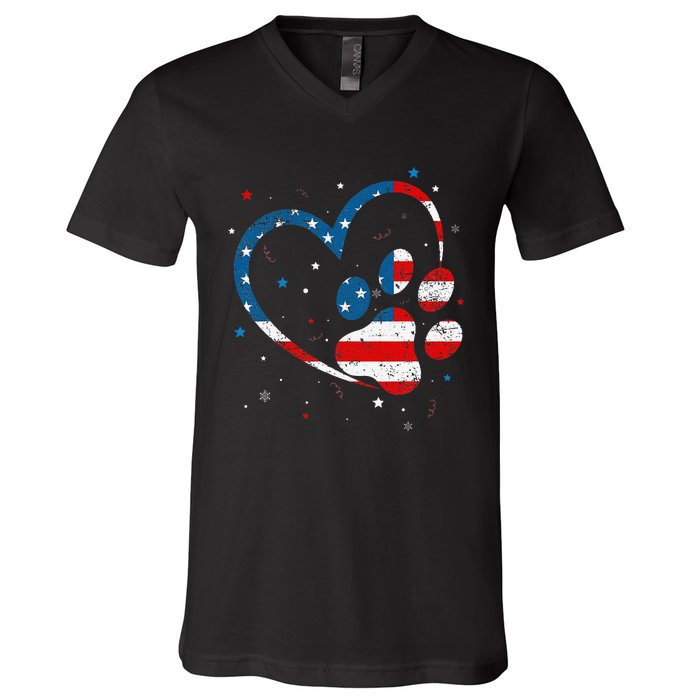 American Flag Patriotic Dog & Cat Paw Print 4th Of July V-Neck T-Shirt