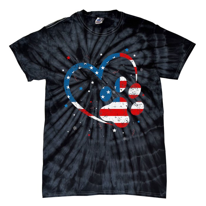 American Flag Patriotic Dog & Cat Paw Print 4th Of July Tie-Dye T-Shirt