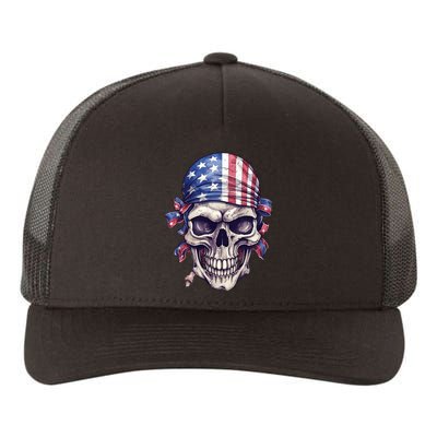 America Flag Pirate Skull USA Patriotic 4th July Skeleton Yupoong Adult 5-Panel Trucker Hat