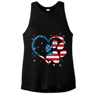 American Flag Patriotic Dog & Cat Paw Print 4th Of July Ladies PosiCharge Tri-Blend Wicking Tank