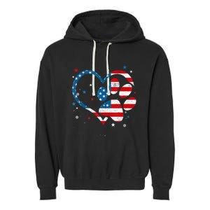 American Flag Patriotic Dog & Cat Paw Print 4th Of July Garment-Dyed Fleece Hoodie