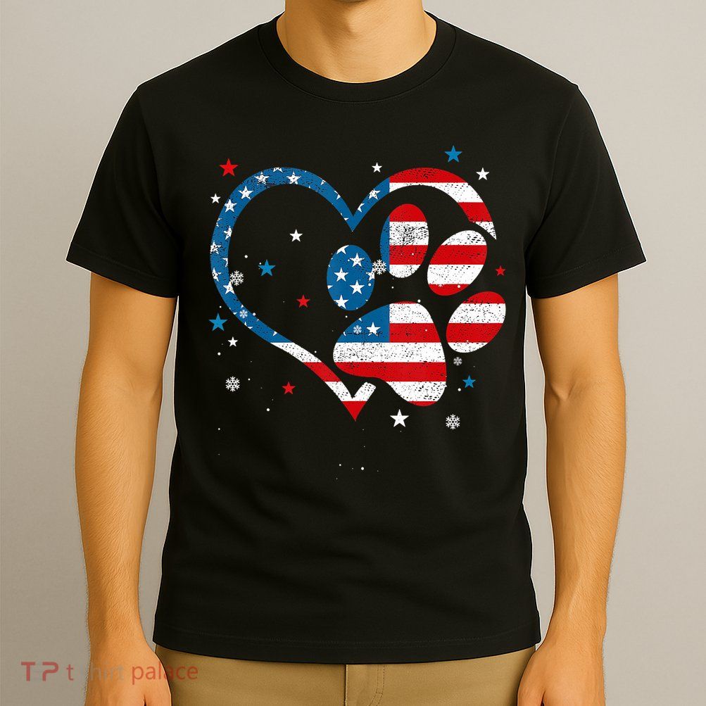 American Flag Patriotic Dog & Cat Paw Print 4th Of July T-Shirt