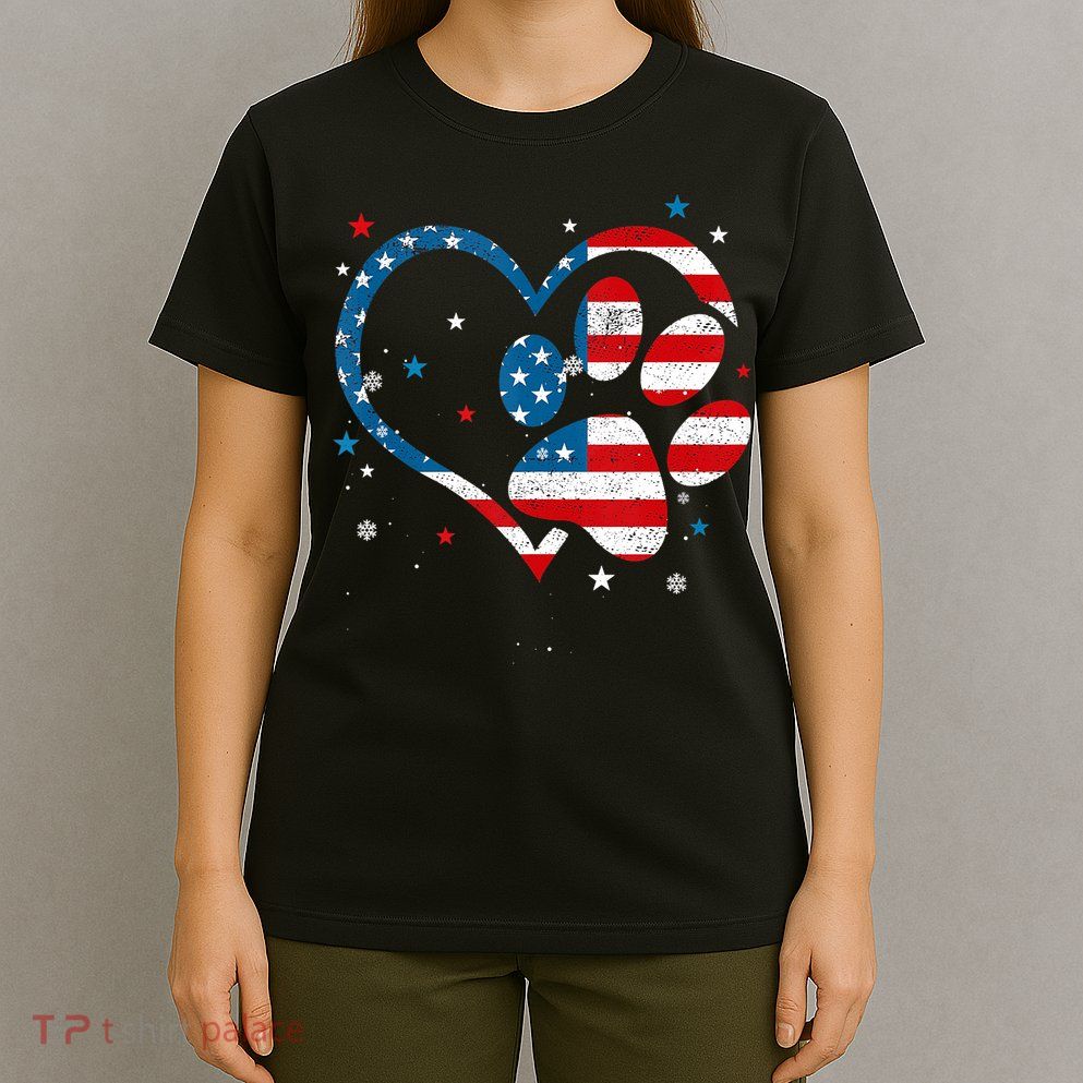American Flag Patriotic Dog & Cat Paw Print 4th Of July T-Shirt