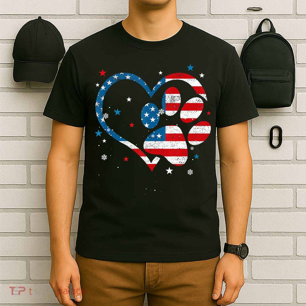 American Flag Patriotic Dog & Cat Paw Print 4th Of July T-Shirt