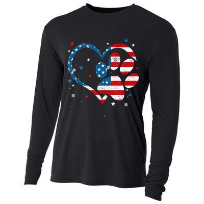 American Flag Patriotic Dog & Cat Paw Print 4th Of July Cooling Performance Long Sleeve Crew