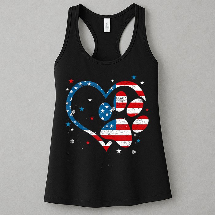 American Flag Patriotic Dog & Cat Paw Print 4th Of July Womens Tank Top