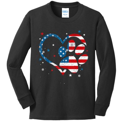 American Flag Patriotic Dog & Cat Paw Print 4th Of July Kids Long Sleeve Shirt