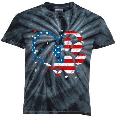 American Flag Patriotic Dog & Cat Paw Print 4th Of July Kids Tie-Dye T-Shirt