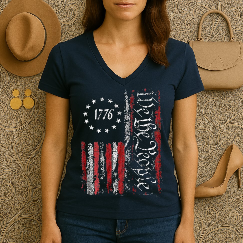 American Flag Patriotic 1776 We The People USA Women's V-Neck T-Shirt
