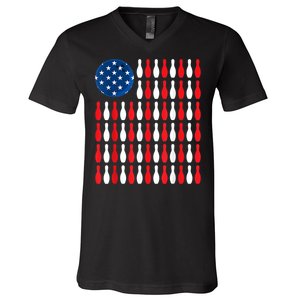 American Flag Patriotic Bowler & Bowling V-Neck T-Shirt