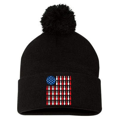American Flag Patriotic Bowler & Bowling Pom Pom 12in Knit Beanie