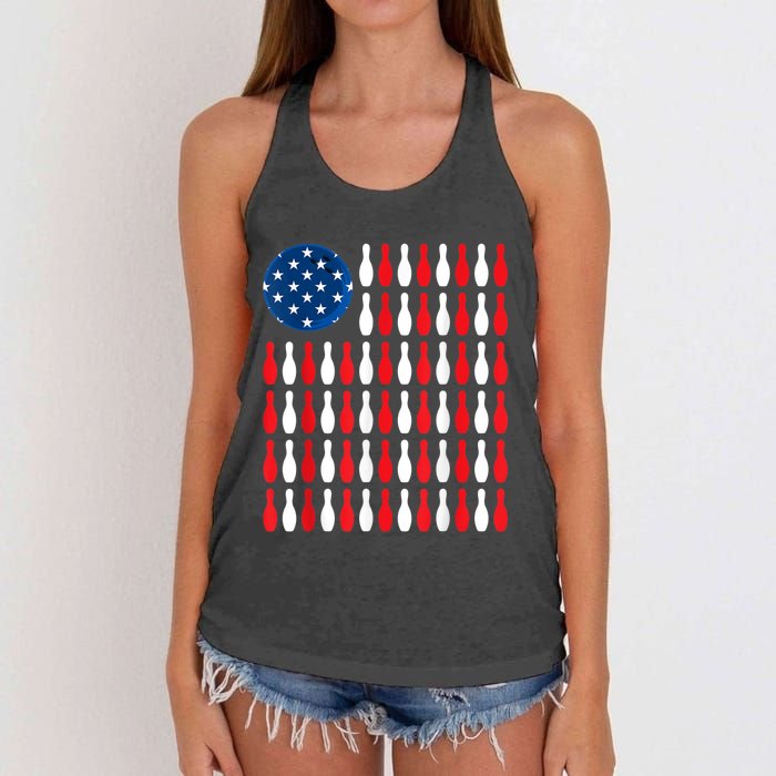 American Flag Patriotic Bowler & Bowling Women's Knotted Racerback Tank