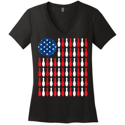 American Flag Patriotic Bowler & Bowling Women's V-Neck T-Shirt