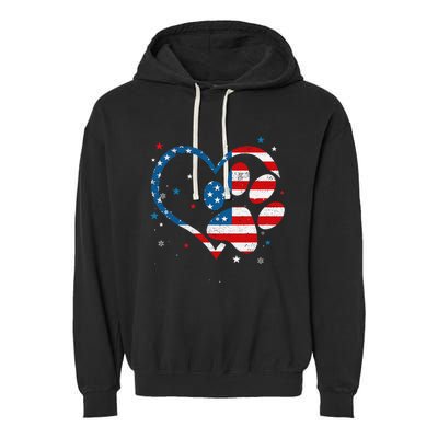 American Flag Patriotic Dog & Cat Paw Print 4th Of July Garment-Dyed Fleece Hoodie