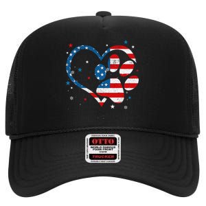 American Flag Patriotic Dog & Cat Paw Print 4th Of July High Crown Mesh Back Trucker Hat