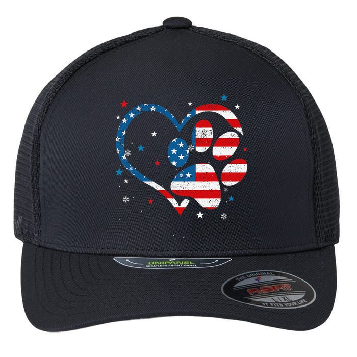 American Flag Patriotic Dog & Cat Paw Print 4th Of July Flexfit Unipanel Trucker Cap