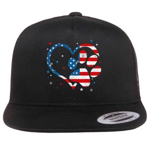 American Flag Patriotic Dog & Cat Paw Print 4th Of July Flat Bill Trucker Hat