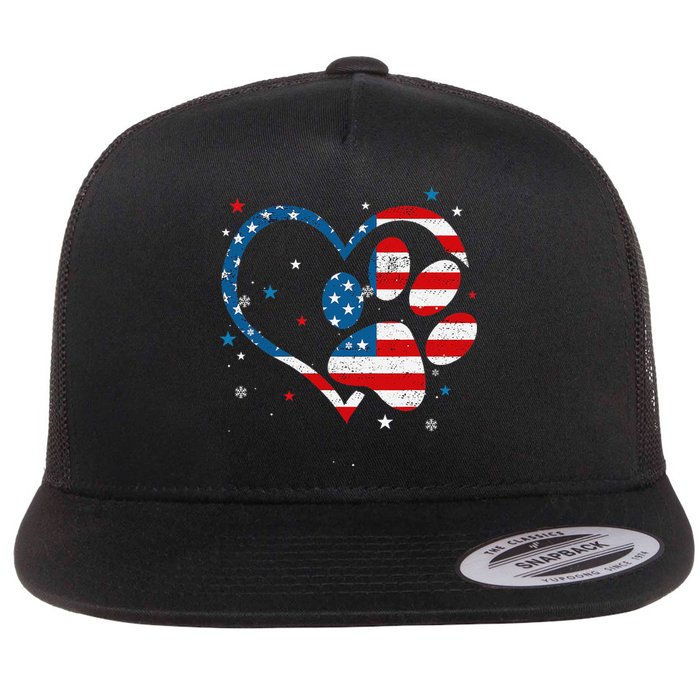 American Flag Patriotic Dog & Cat Paw Print 4th Of July Flat Bill Trucker Hat