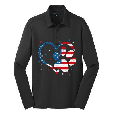 American Flag Patriotic Dog & Cat Paw Print 4th Of July Silk Touch Performance Long Sleeve Polo