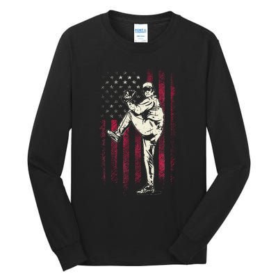 American Flag Pitcher Baseball Apparel Baseball Tall Long Sleeve T-Shirt