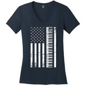 American Flag Piano Piano Player Lover Gift Women's V-Neck T-Shirt