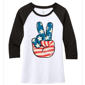 American Flag Peace Sign Hand 4th Of July Patriotic Women's Tri-Blend 3/4-Sleeve Raglan Shirt