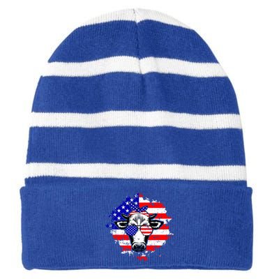 American Flag Patriot Cow Lover Farm Farming 4th Of July Cool Gift Striped Beanie with Solid Band