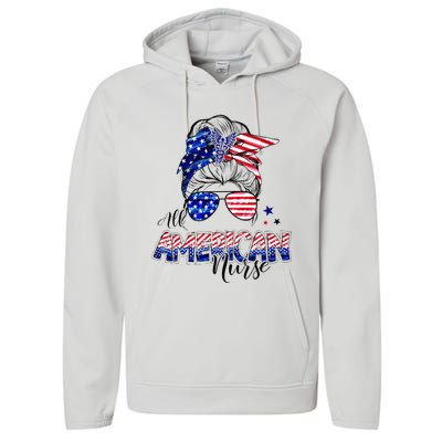 American Flag Patriotic Nurse Messy Bun 4th Of July Performance Fleece Hoodie