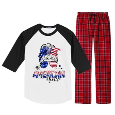 American Flag Patriotic Nurse Messy Bun 4th Of July Raglan Sleeve Pajama Set