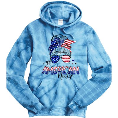 American Flag Patriotic Nurse Messy Bun 4th Of July Tie Dye Hoodie