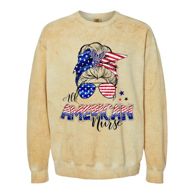 American Flag Patriotic Nurse Messy Bun 4th Of July Colorblast Crewneck Sweatshirt