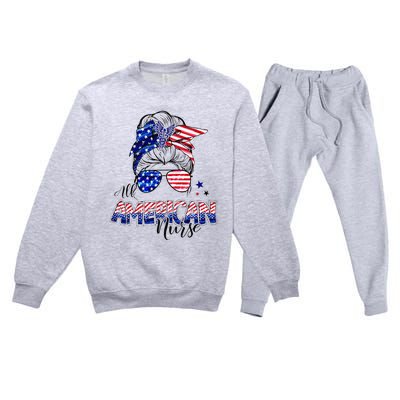 American Flag Patriotic Nurse Messy Bun 4th Of July Premium Crewneck Sweatsuit Set